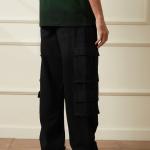 FriendsWells Black Casual Loose Fit Pure Cotton Denim Cargo Pants – Utility Style Mid-Rise Clean Look