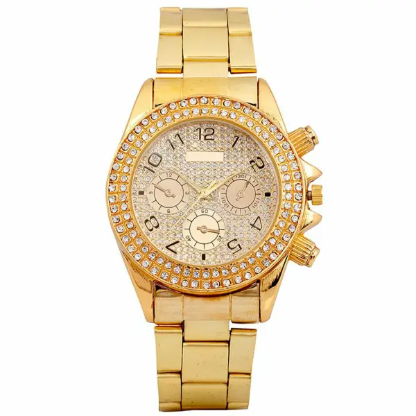 FriendsWells Luxury Gold Round Dial Diamond-Studded Analog Watch for Men | Premium Stainless Steel Strap | Royal Party Wear Wristwatch