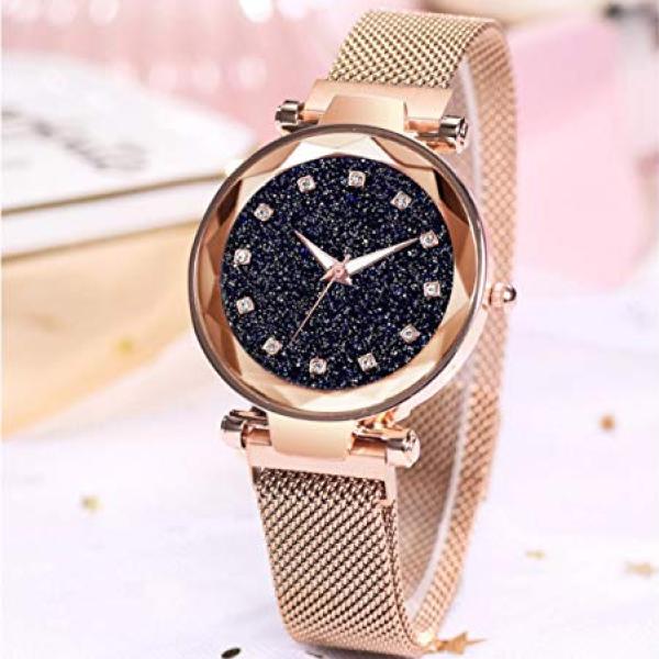 Premium Women’s Analogue Watch Combo – Black Diamond Dial with Purple & Rosegold Magnetic Strap (Pack of 2)