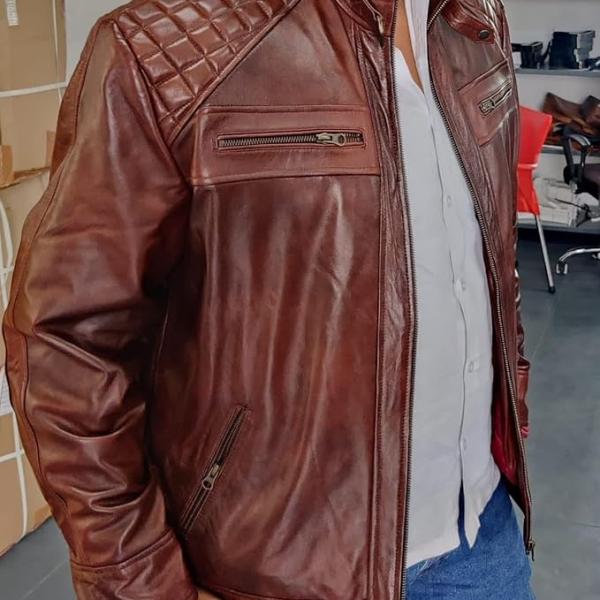 Men’s Premium Genuine Leather Biker Jacket – Distressed Vintage Look, Stand Collar, Full Sleeves, Multi-Pocket Design