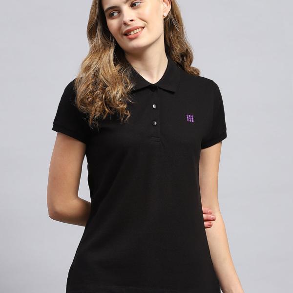 Women’s Black Solid Polo Collar Half Sleeve Smart Fit T-Shirt