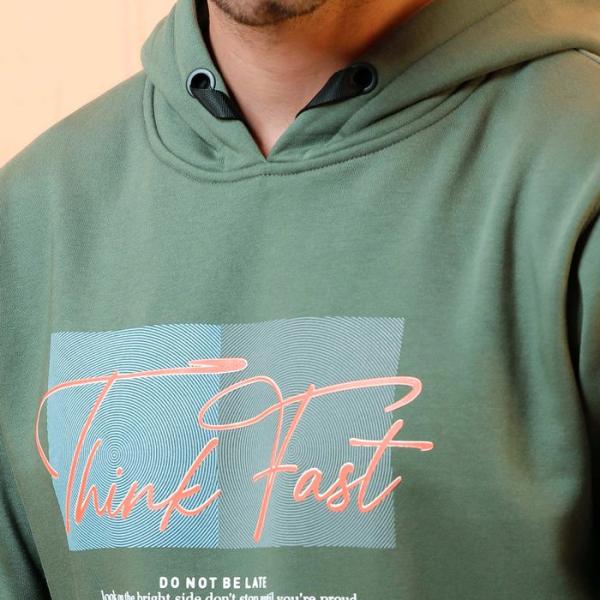 Olive Green Printed Cotton Fleece Hoodie for Men – Winter Wear Regular Fit