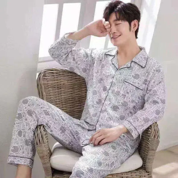 Men’s Light Grey Printed Cotton Night Suit Set – Shirt & Pyjama | Stylish Sleepwear & Loungewear