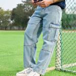 Men’s Casual Loose Fit Blue Denim Cargo Pants – Pure Cotton, Mid-Rise, Clean Look