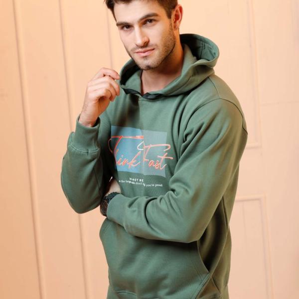 Olive Green Printed Cotton Fleece Hoodie for Men – Winter Wear Regular Fit