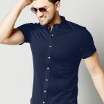 Men’s Blue Solid Cotton Blend Half Sleeve Shirt – Mandarin Collar | Regular Fit | Frost Clothing