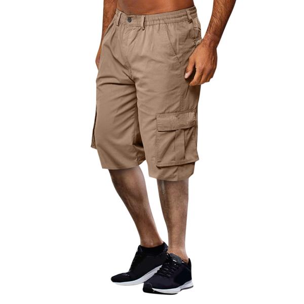 Men’s Khaki Cargo Shorts – Summer Straight Fit with Elastic Waist, Zipper Fly & Multi Pockets