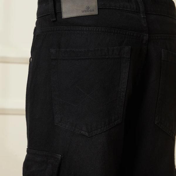 FriendsWells Black Casual Loose Fit Pure Cotton Denim Cargo Pants – Utility Style Mid-Rise Clean Look