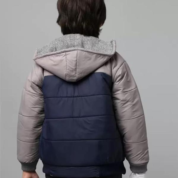 Boys Stylish Full Sleeve Winter Hoodie Jacket – Warm Pullover with Cap (Grey–Navy Blue)