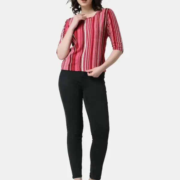 Friendswells Casual Women’s Pink Striped Printed Top | 3/4th Sleeves | Stylish Round Neck Top | Latest Trendy Tops for Women