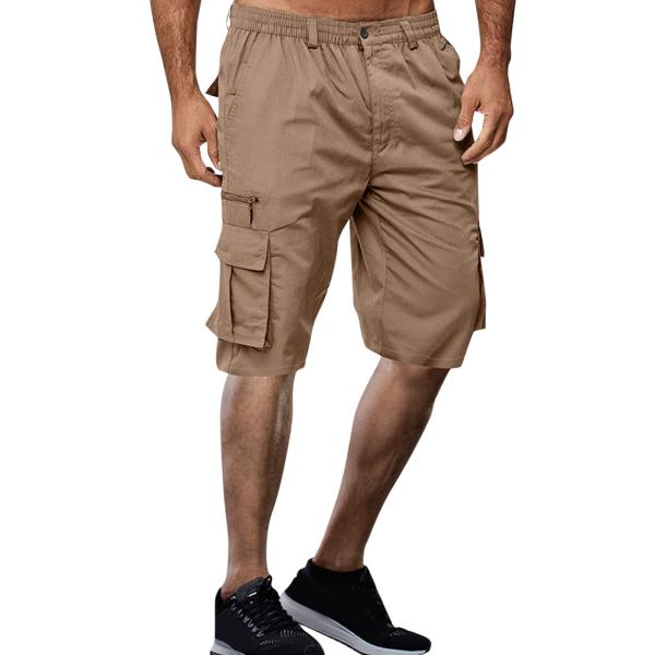 Men’s Khaki Cargo Shorts – Summer Straight Fit with Elastic Waist, Zipper Fly & Multi Pockets