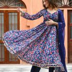 Women's Blue Rayon Printed Long Gown Kurti Set with Pant & Dupatta