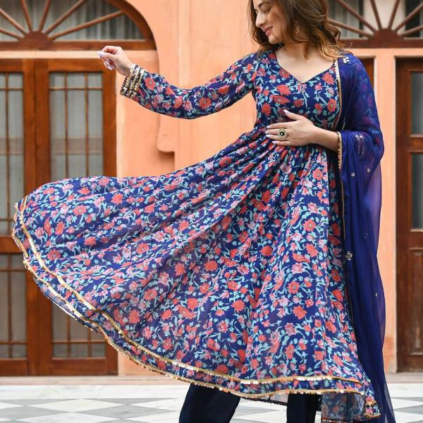Women's Blue Rayon Printed Long Gown Kurti Set with Pant & Dupatta