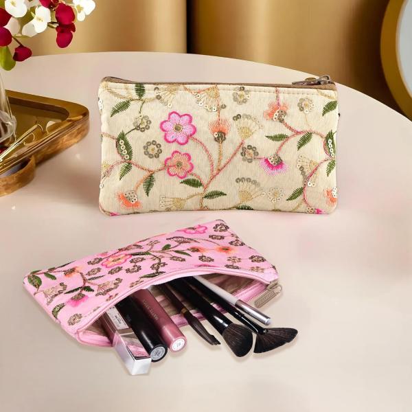 Traditional Embroidered Hand Purse Set for Women – 2 Pcs Floral Zip Pouch | Ethnic Ladies Wallet | Cream & Light Pink