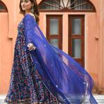Women's Blue Rayon Printed Long Gown Kurti Set with Pant & Dupatta