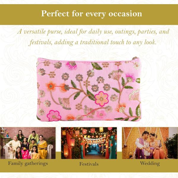 Traditional Embroidered Hand Purse Set for Women – 2 Pcs Floral Zip Pouch | Ethnic Ladies Wallet | Cream & Light Pink