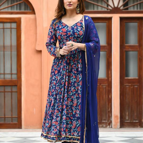 Women's Blue Rayon Printed Long Gown Kurti Set with Pant & Dupatta