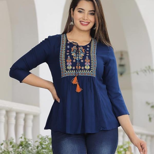 Women’s Blue Embroidered Cotton Long Top – Sanganeri Print, 3/4 Sleeves