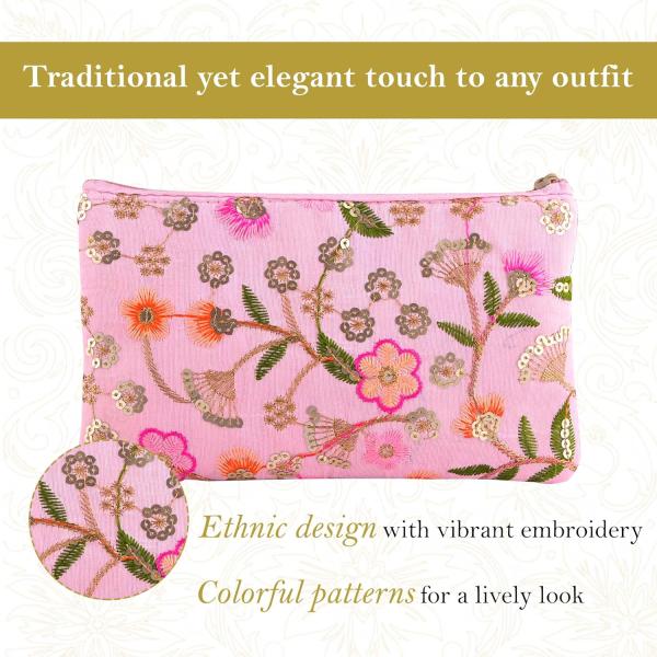 Traditional Embroidered Hand Purse Set for Women – 2 Pcs Floral Zip Pouch | Ethnic Ladies Wallet | Cream & Light Pink