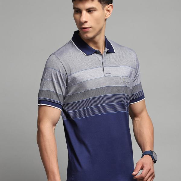 Men’s Navy Blue Mercerized Cotton Stripe Collar Half Sleeve T-Shirt – Regular Fit