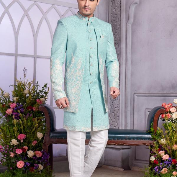 Mint Green Premium Indo Western Set for Men | Art Silk Ethnic Wedding Outfit