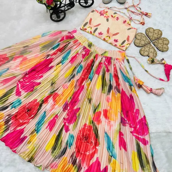 Peach Chinon Silk Digital Print Kids Lehenga Choli – Readymade Festive & Wedding Wear