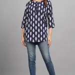 Women’s Blue Printed Cotton Short Kurti – Stylish Designer Kurta for Jeans | XL Size | Casual & Work Wear