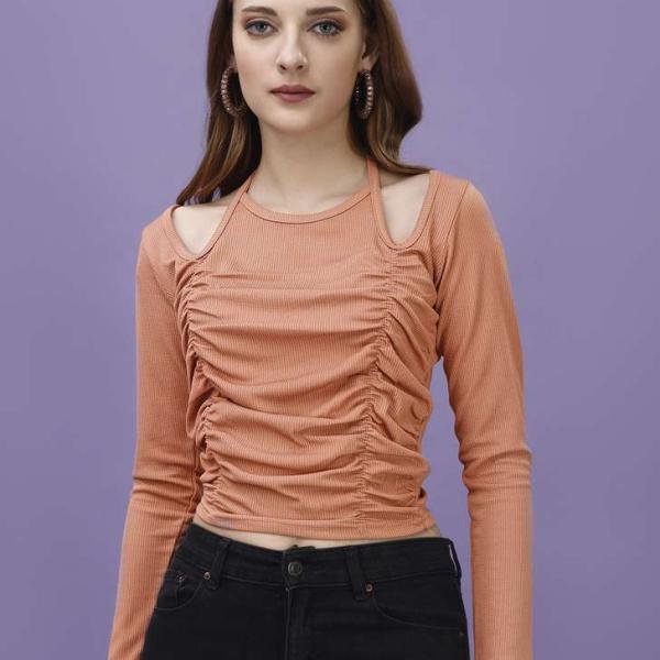 Casual Solid Women’s Orange Crop Top | Slim Fit | Stylish Half Sleeve Lycra Western Top | Round Neck