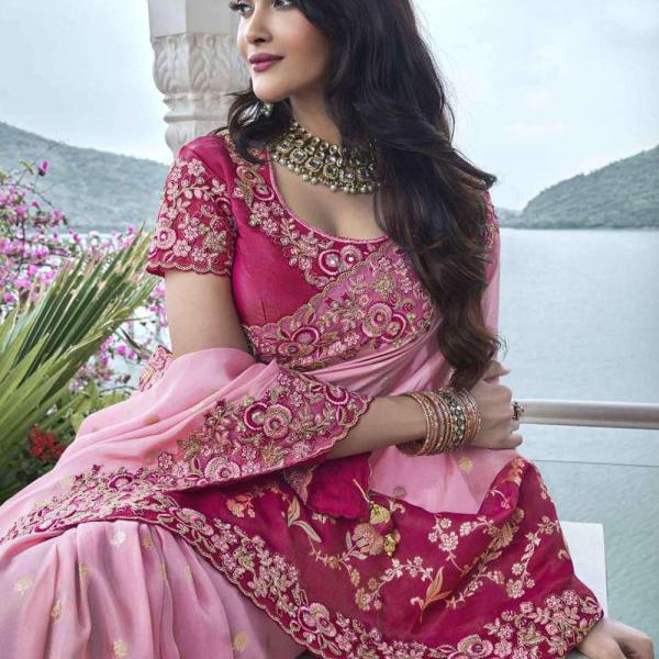 Pink Viscose Silk Embroidered Designer Wedding Saree with Unstitched Blouse – Luxury Bridal & Festive Wear
