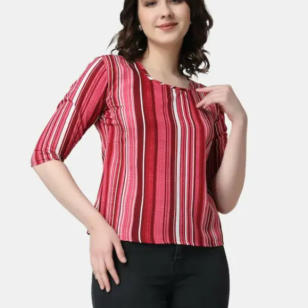 Friendswells Casual Women’s Pink Striped Printed Top | 3/4th Sleeves | Stylish Round Neck Top | Latest Trendy Tops for Women
